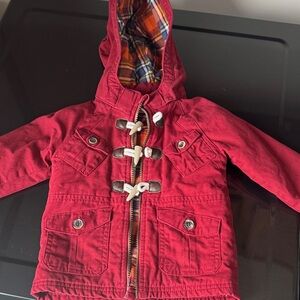 OshKosh B'gosh Red Hooded Plaid Lined Toggle & Zip Fisherman Jacket